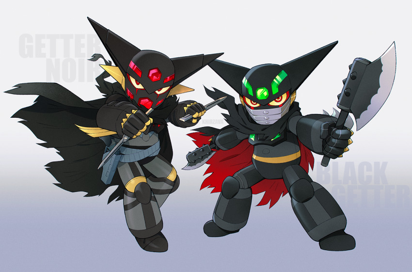 arm_blade, axe, black_getter, black_scarf, cape, chibi, colored_sclera, dual_wielding