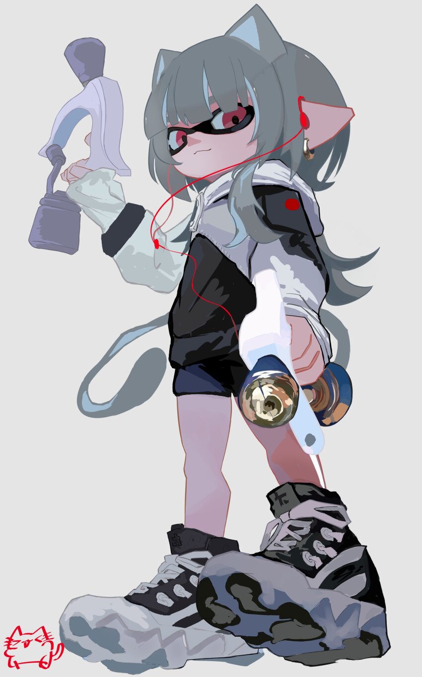 1girl, absurdres, animal_ears, cat_ears, closed_mouth, commentary, commission, dual_wielding