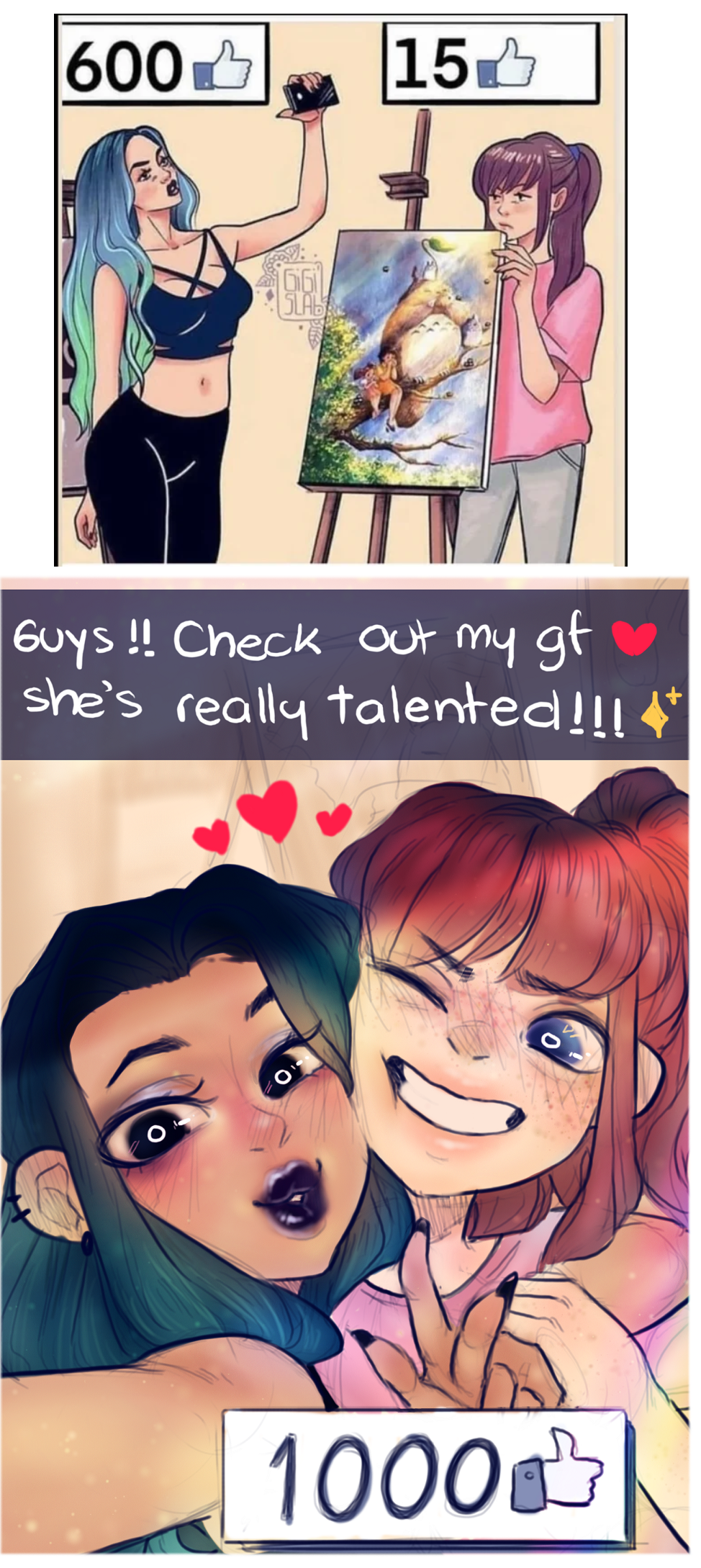 2girls, aqua_hair, black_eyes, blue_eyes, blush, borrowed_character, brown_hair, chibi_totoro