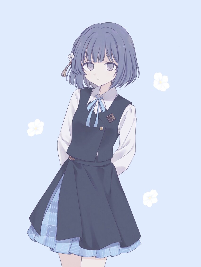 1girl, arms_behind_back, badge, belt_buckle, black_skirt, black_vest, blue_background, blue_hair