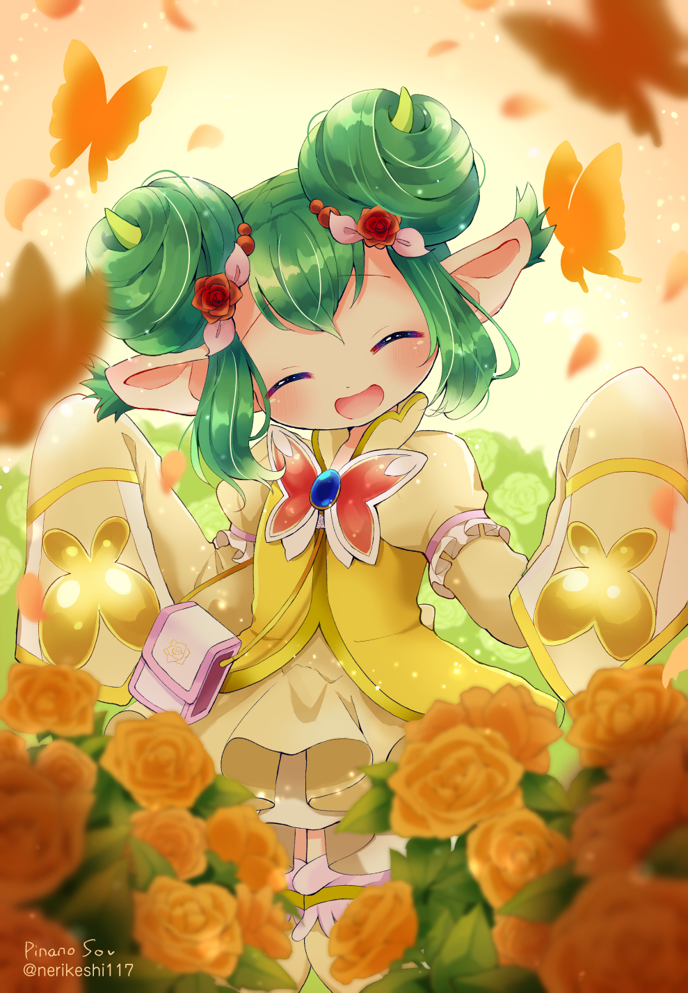 1girl, :d, ^_^, analogous_colors, artist_name, bag, blurry, blush