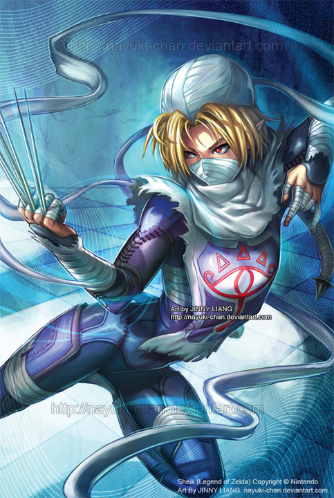 1girl, androgynous, artist_name, bandages, blonde_hair, breast_bind, female_focus, mask, nayuki, ninja, nintendo, pointy_ears, princess_zelda, red_eyes, reverse_trap, sarashi, sheik, solo, the_legend_of_zelda, the_legend_of_zelda:_ocarina_of_time, watermark, web_address