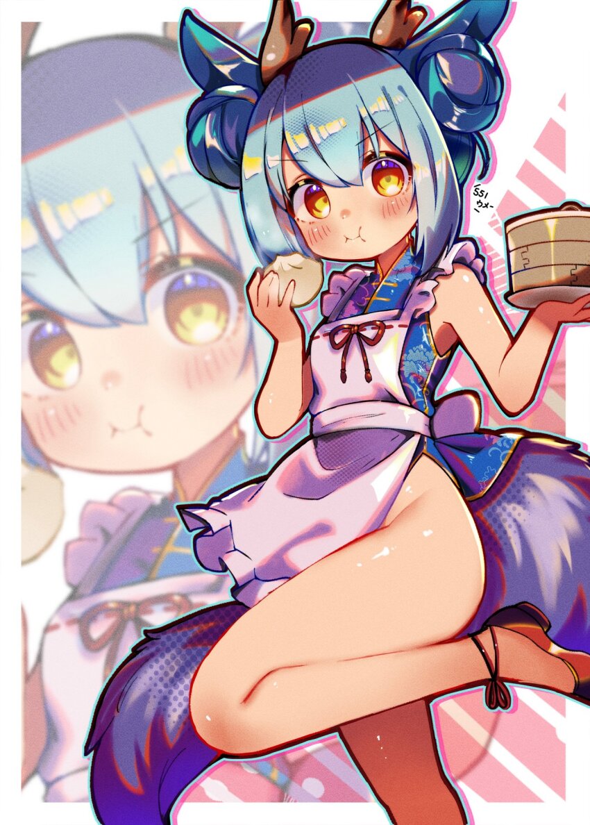 1girl, alternate_costume, apron, steamed_bun, bare_shoulders, blue_dress, blue_hair, blue_tail