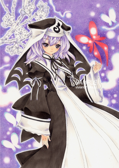 1girl, alternate_costume, bug, butterfly, cherry_blossoms, dress, female_focus, ghost, hat, junpyon0425, koumajou_densetsu, koumajou_densetsu_2, purple_eyes, purple_hair, saigyouji_yuyuko, solo, touhou, traditional_media
