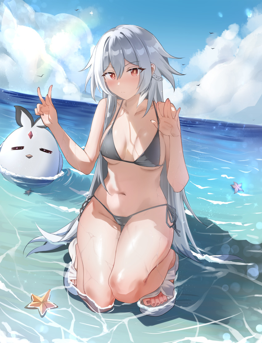 1girl, absurdres, alternate_breast_size, alternate_costume, bare_legs, bare_shoulders, bikini, black_bikini, blue_sky, breasts, collarbone, double_w, grey_hair, herrscher_of_sentience, highres, honkai_(series), honkai_impact_3rd, jingwei_(bird), long_hair, medium_breasts, navel, ocean, red_eyes, sandals, seiza, side-tie_bikini_bottom, sitting, sitting_on_water, sky, solo, starfish, stomach, summer, swimsuit, toes, w, yilisi