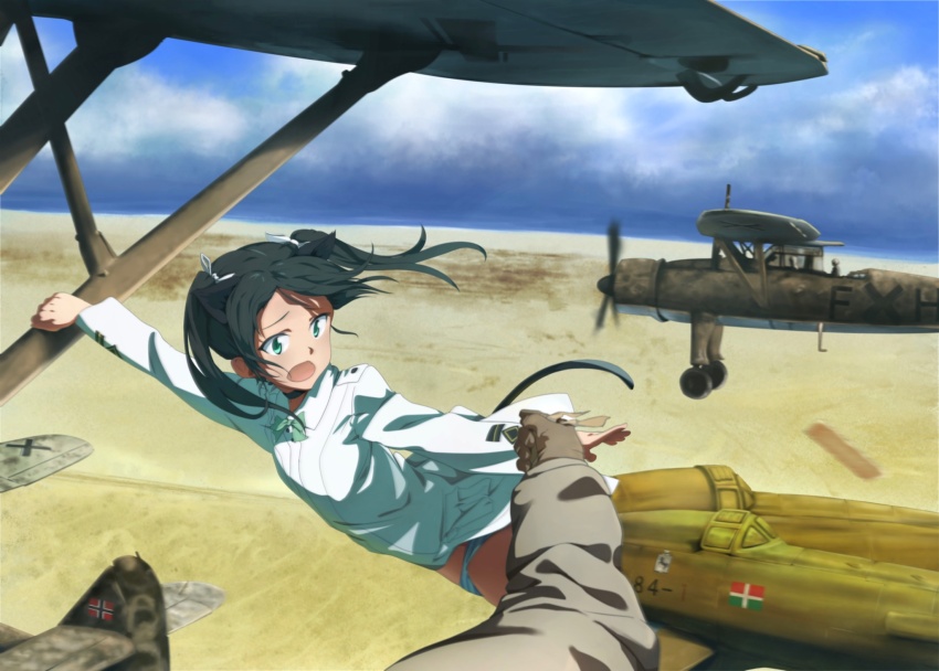 1girl, aircraft, airplane, animal_ears, brown_gloves, cat_ears, cat_tail, commentary_request, francesca_lucchini, gloves, green_eyes, green_hair, highres, noah_(0bp3292), open_mouth, outstretched_hand, panties, shirt, strike_witches, striker_unit, striped_clothes, striped_panties, tail, twintails, underwear, white_shirt, world_witches_series