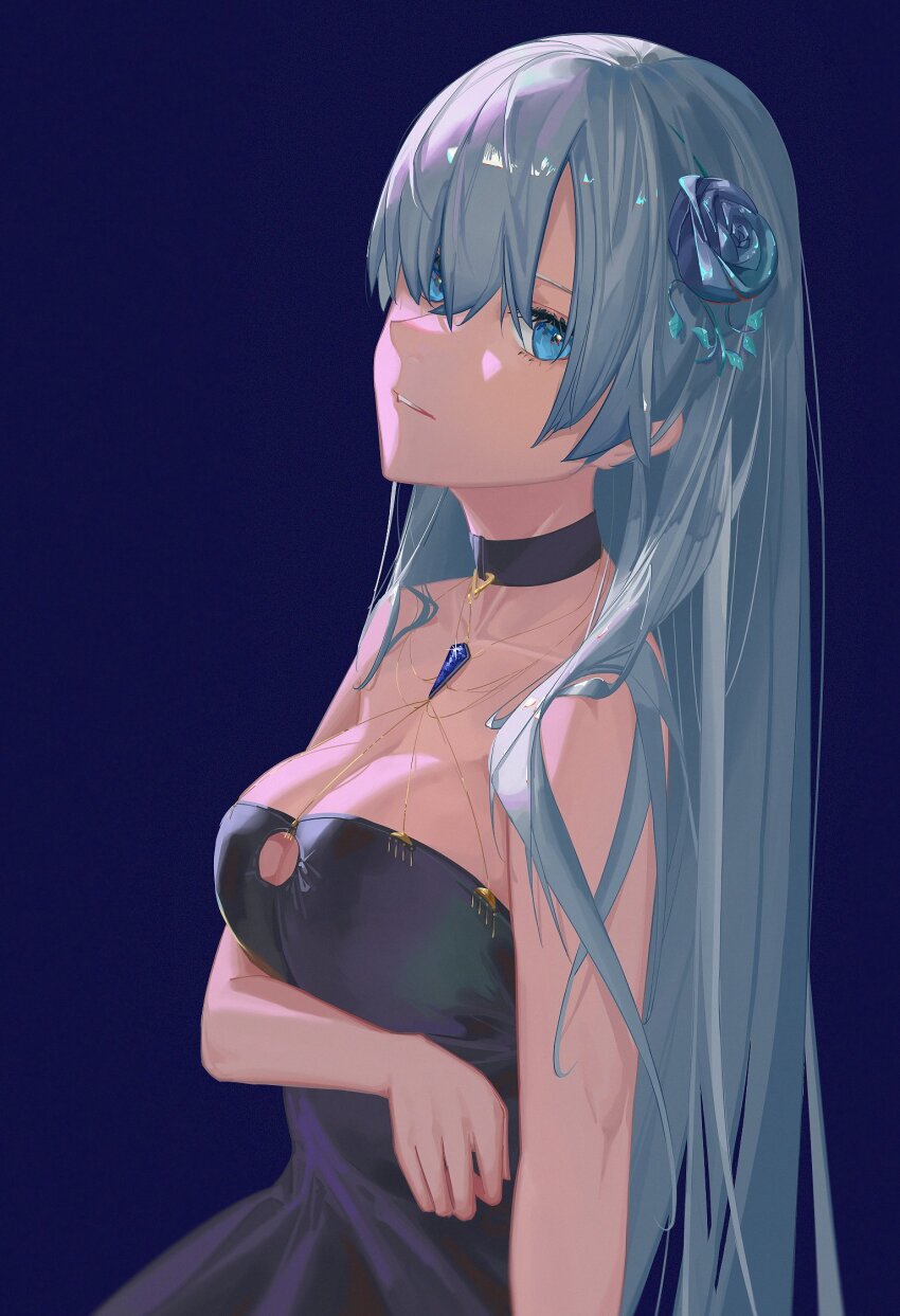 1girl, anastasia_(fate), arms_under_breasts, bare_shoulders, black_dress, blue_eyes, blue_gem, blue_hair