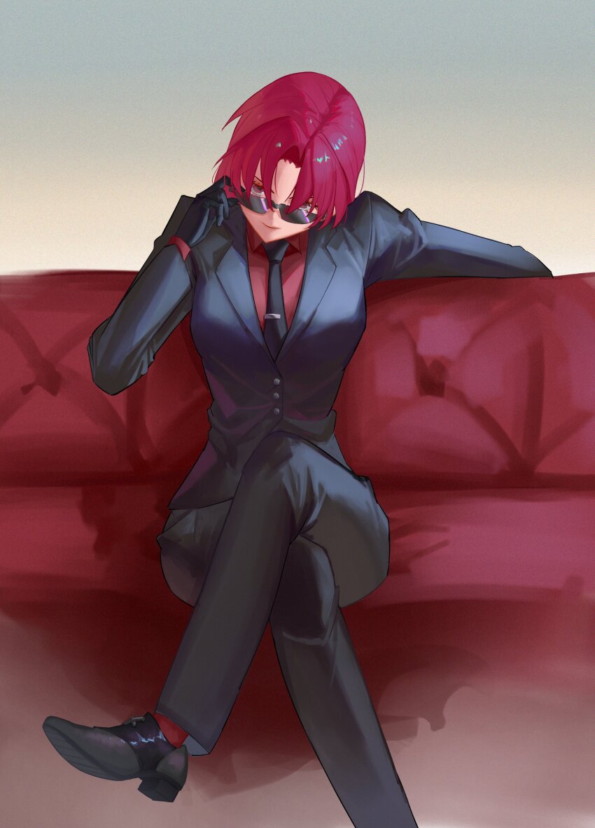 1girl, absurdres, adjusting_eyewear, bazett_fraga_mcremitz, black_footwear, black_necktie, black_pants, black_suit, buttons, collared_shirt, couch, fate/grand_order, fate/hollow_ataraxia, fate_(series), fi_ao, formal_clothes, hand_on_eyewear, head_tilt, highres, long_sleeves, looking_at_viewer, necktie, pants, red_eyes, red_hair, red_shirt, shirt, short_hair, sitting, smile, solo, suit, sunglasses