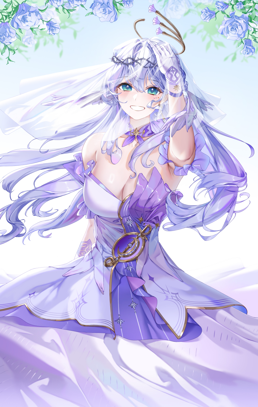 1girl, absurdres, bare_shoulders, blue_eyes, breasts, bridal_veil, bride, choker