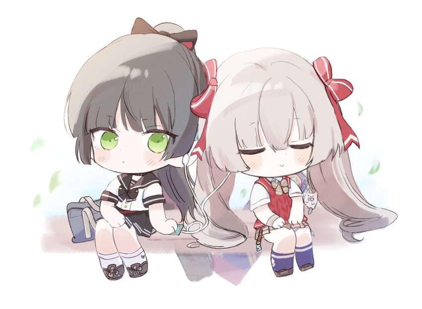 2girls, black_hair, black_sailor_collar, black_skirt, chibi, closed_eyes, earphones, green_eyes