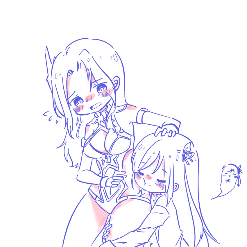 2girls, :>, :t, =_=, akira_blanton, assault_lily, bare_shoulders, blush