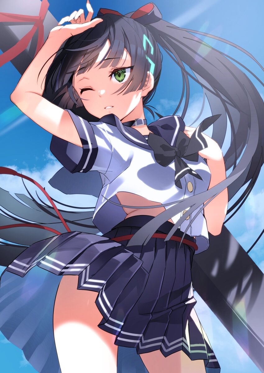 1girl, absurdres, aoi_momo, black_bow, black_bowtie, black_hair, black_sailor_collar, bow