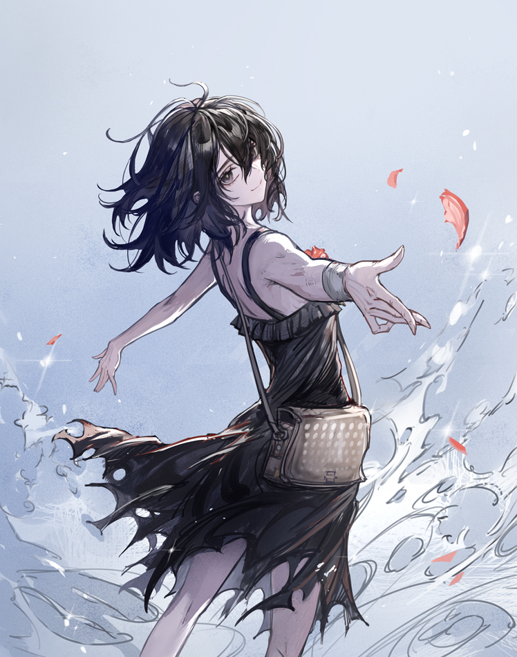 1girl, anita_(arknights), arknights, bag, bandaged_arm, bandages, bare_shoulders, black_dress