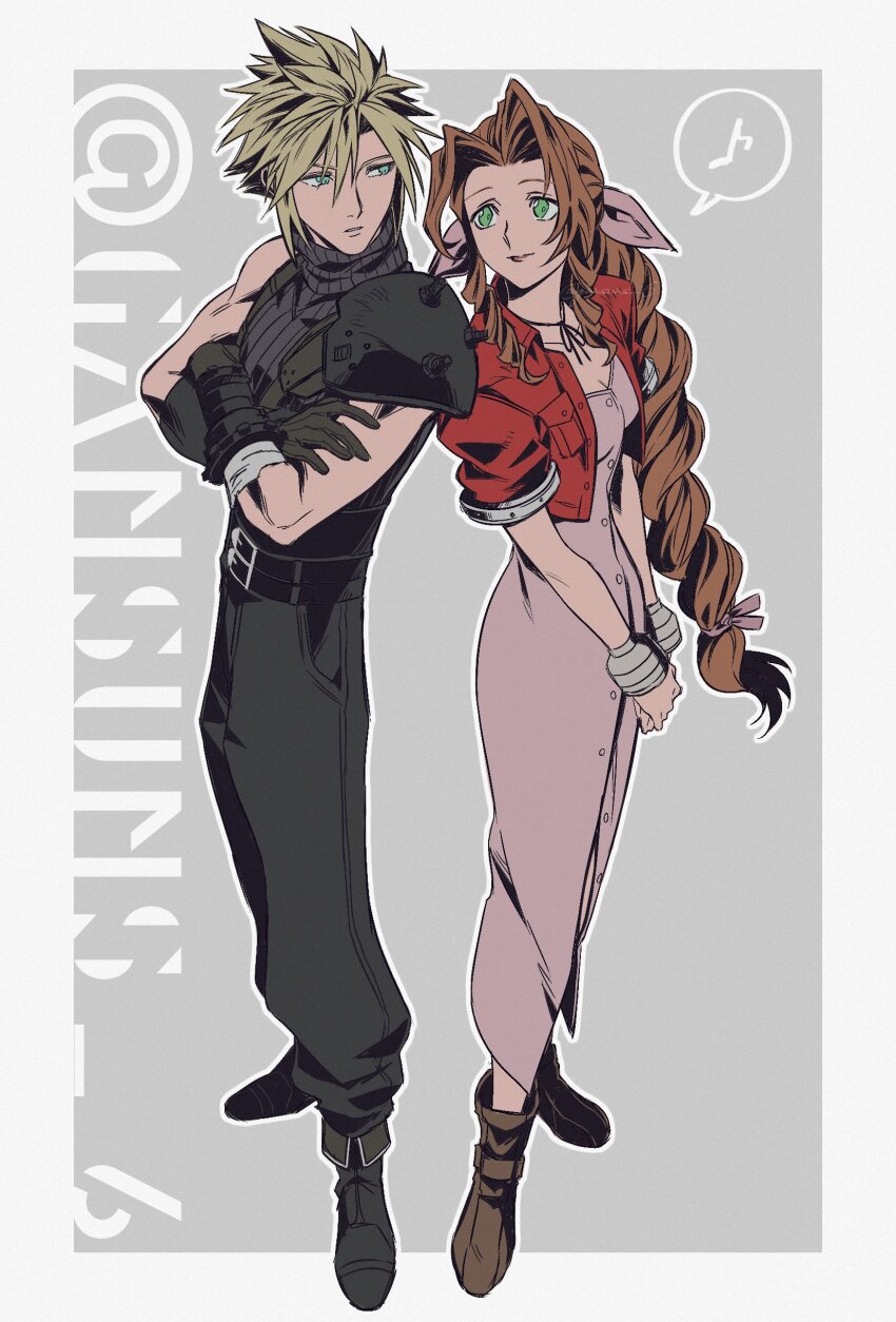 absurdres, aerith_gainsborough, armor, bangle, belt, blonde_hair, blue_eyes, blue_shirt