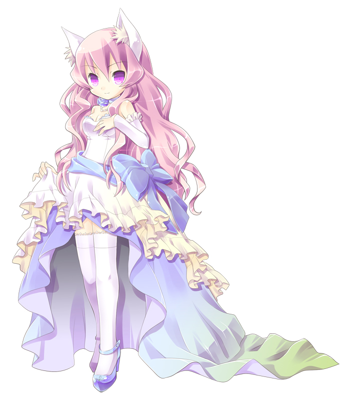 1girl, animal_ears, bare_shoulders, bow, breasts, cat_ears, cleavage, clothes_lift, detached_sleeves, dress, female_focus, long_hair, original, pink_eyes, pink_hair, ribbon, simple_background, skirt, skirt_lift, smile, solo, thighhighs, touko_(tokotoko), very_long_hair, white_background, white_thighhighs