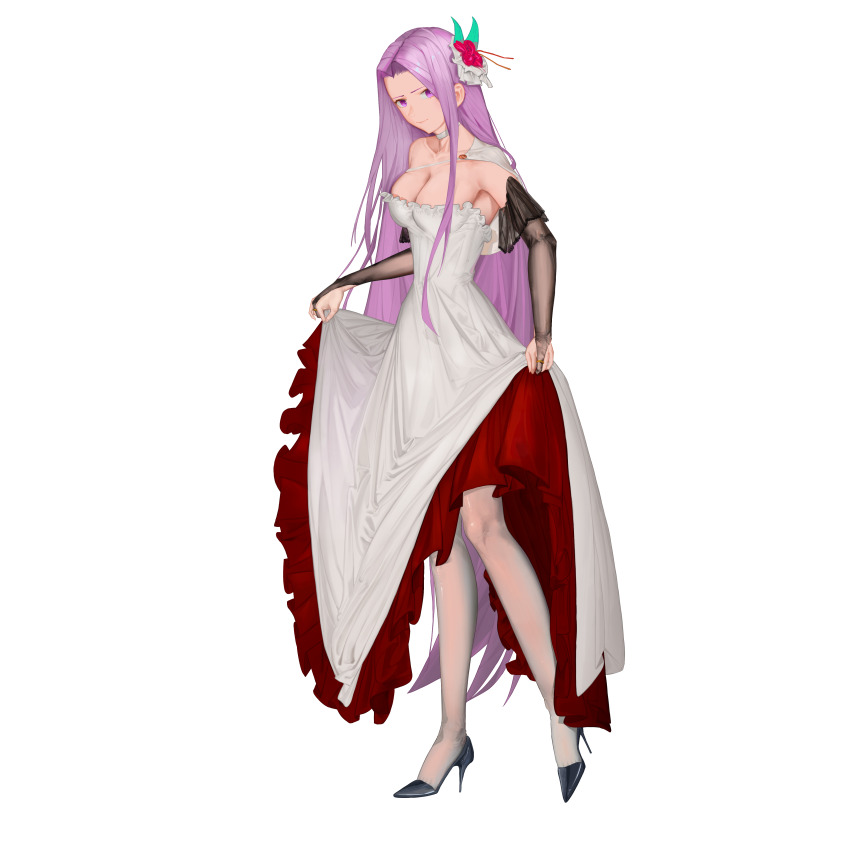 absurdres, armpit_peek, black_footwear, breasts, choker, cleavage, detached_sleeves, dress, fate/grand_order, fate/stay_night, fate_(series), fi_ao, frills, full_body, hair_ornament, high_heels, highres, jewelry, lace, lace_sleeves, large_breasts, lifting_own_clothes, long_hair, medusa_(fate), medusa_(rider)_(fate), multicolored_clothes, multiple_rings, pantyhose, purple_eyes, purple_hair, red_dress, ring, see-through_clothes, see-through_sleeves, simple_background, strapless, strapless_dress, two-tone_dress, very_long_hair, white_background, white_choker, white_dress, white_pantyhose