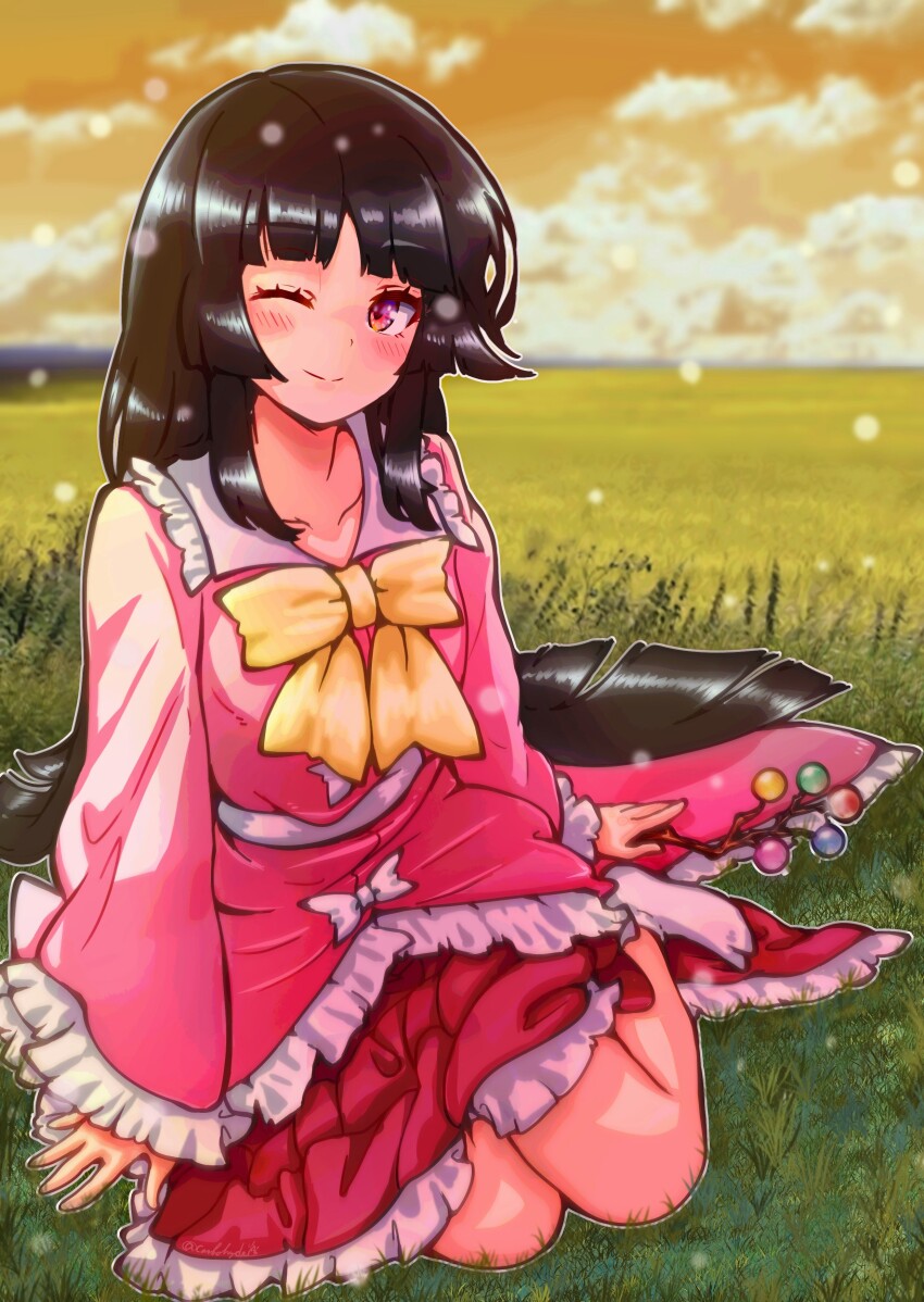 1girl, absurdres, barefoot, black_hair, carbohydrate_(asta4282), frilled_kimono, frills, gradient_eyes