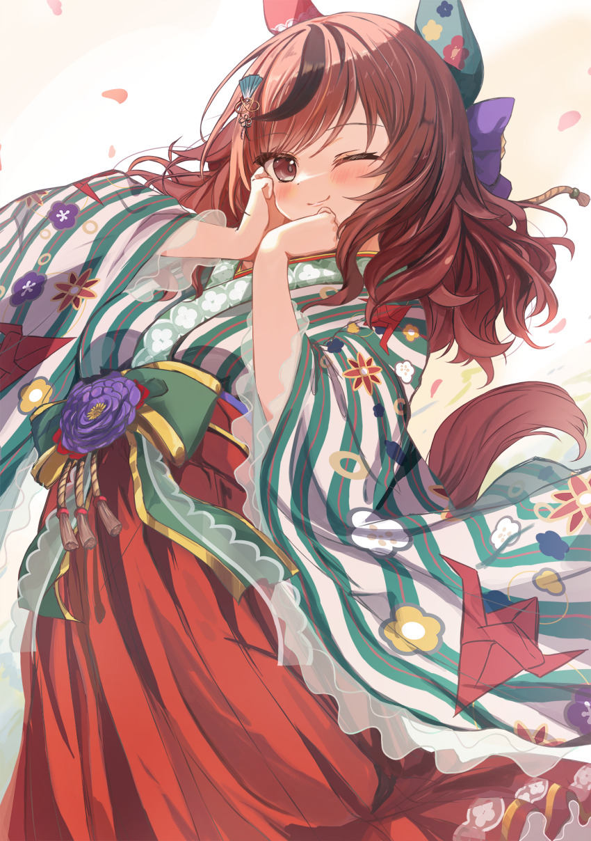 1girl, animal_ears, artist_name, black_eyes, blush, bow, brown_hair, closed_mouth