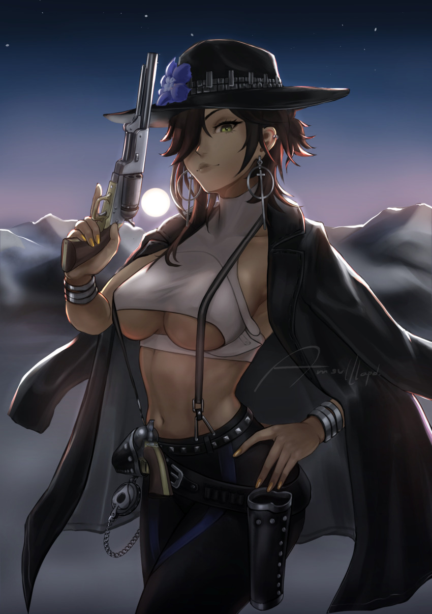 1girl, absurdres, amsu111apd, artist_name, black_hair, black_pants, breasts, colt_walker, colt_walker_(girls'_frontline), commentary, commentary_request, cowboy_hat, cowboy_shot, earrings, english_commentary, girls'_frontline, green_eyes, gun, hair_over_one_eye, handgun, hat, highres, holding, holding_gun, holding_weapon, jewelry, large_breasts, light_smile, long_hair, looking_at_viewer, mixed-language_commentary, outdoors, pants, revolver, solo, underboob, weapon, yellow_nails