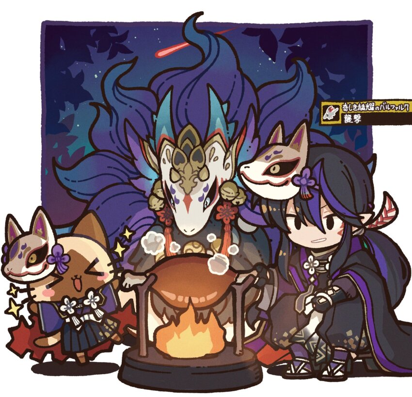 >_<, 1boy, 2others, baking, black_hair, boned_meat, facial_mark, felyne, food, fox, fox_mask, gloves, highres, ikeya_(higumake), japanese_clothes, kurotobi_(p&amp;d), mask, meat, monster_hunter_(series), multicolored_hair, multiple_others, open_mouth, patterned_clothing, ponytail, puzzle_&amp;_dragons, samurai