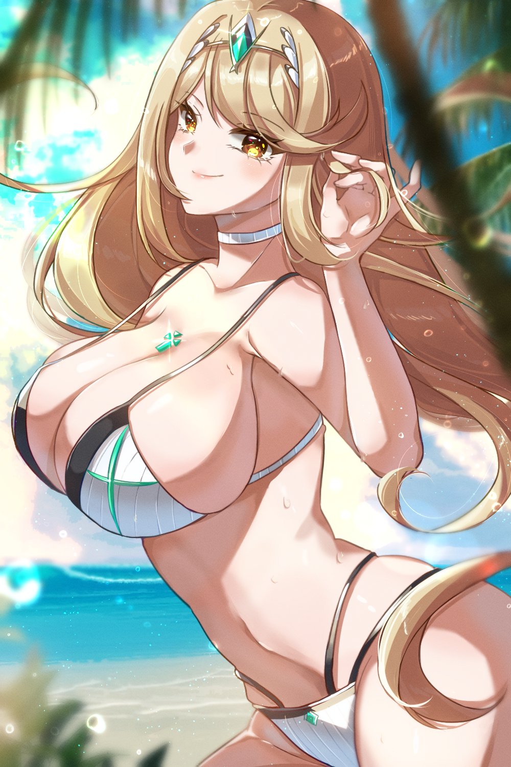 1girl, bare_shoulders, beach, bikini, blonde_hair, blurry, blurry_foreground, breasts, chest_jewel, collarbone, core_crystal_(xenoblade), from_side, highres, huge_breasts, long_hair, looking_at_viewer, mythra_(xenoblade), ocean, palm_tree, sand, smile, solo, swimsuit, tiara, tree, white_bikini, xenoblade_chronicles_(series), xenoblade_chronicles_2, yellow_eyes, zer00han