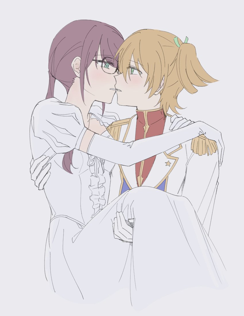 2girls, blonde_hair, blue_eyes, blush, carrying, daiba_nana, dress, elbow_gloves