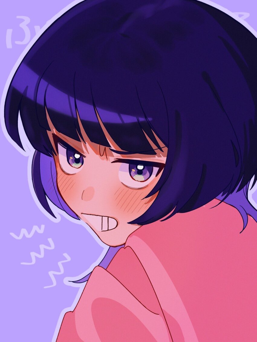 1girl, angry, blunt_bangs, blush, clenched_teeth, colored_inner_hair, commentary_request, fujii_ayame