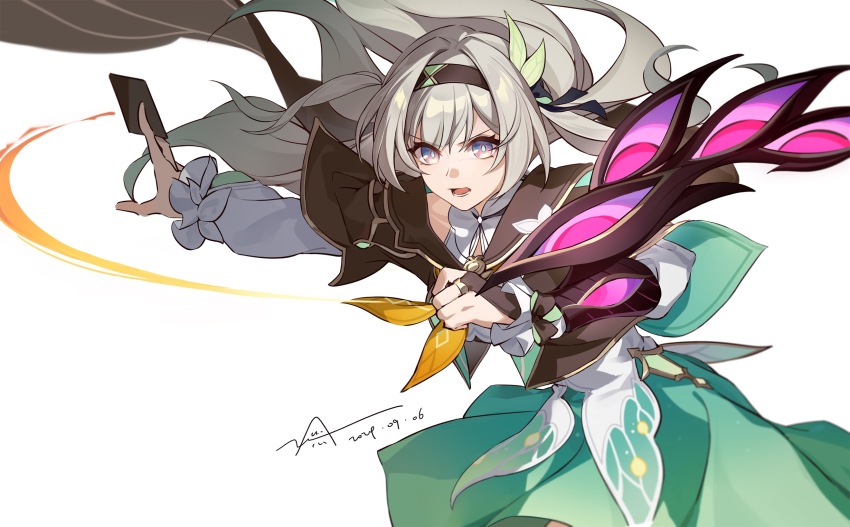 1girl, anhypnosis, black_gloves, black_hairband, card, cowboy_shot, cropped_jacket, duel_disk