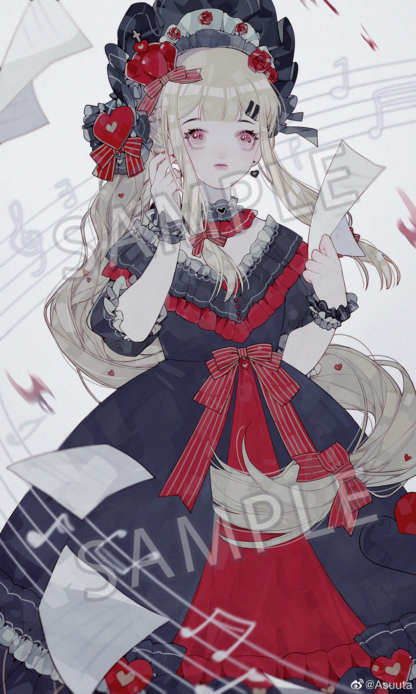 1girl, asuuta, black_bonnet, black_choker, black_dress, black_scrunchie, blood, blood_drop