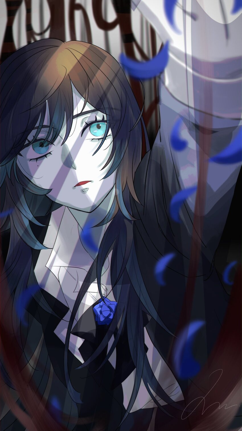 1girl, ado_(utaite), arm_up, black_bow, black_bowtie, black_coat, black_hair, blue_eyes, blue_flower, blue_hair, blue_rose, bow, bowtie, brooch, chando_(ado), coat, collared_shirt, colored_inner_hair, commentary, flower, flower_brooch, highres, long_hair, mole, mole_under_eye, multicolored_hair, nota_osoraaoina, open_clothes, open_coat, open_mouth, rose, shirt, signature, solo, utaite, white_shirt