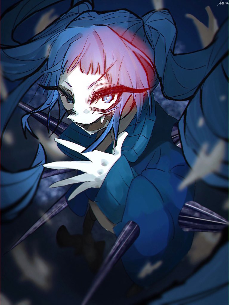 1girl, ado_(utaite), blue_eyes, blue_hair, blue_jacket, fang, floating_hair, jacket