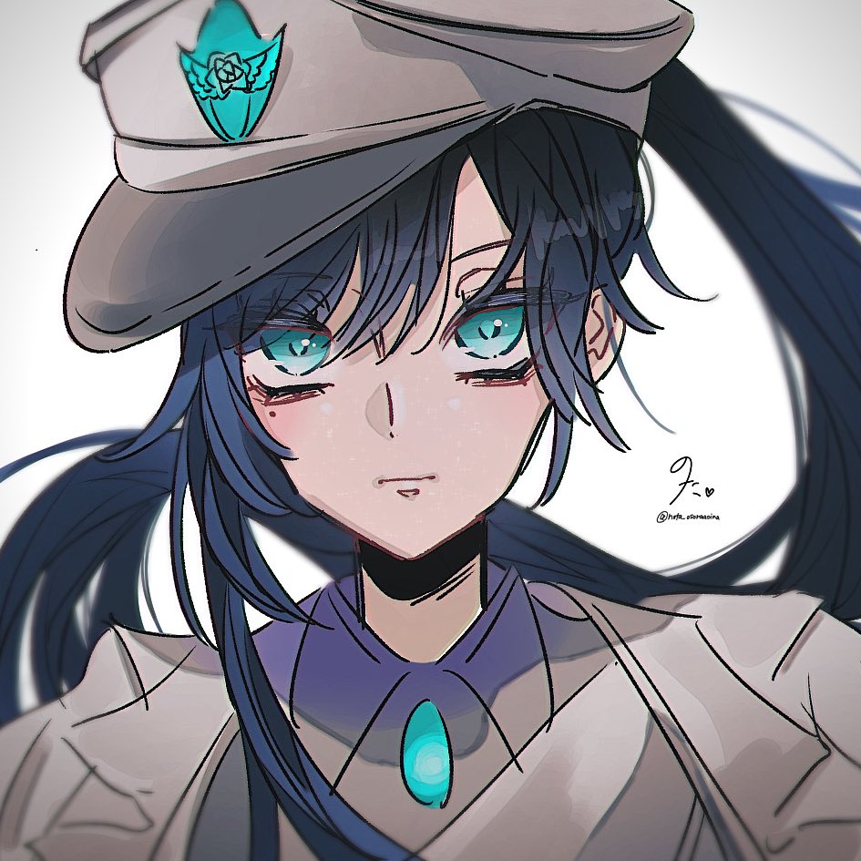 1girl, ado_(utaite), baseball_cap, blue_eyes, blue_hair, brooch, chando_(ado), closed_mouth, collared_shirt, commentary_request, grey_shirt, hair_between_eyes, hat, jewelry, long_hair, looking_at_viewer, mole, mole_under_eye, nota_osoraaoina, ponytail, portrait, shirt, signature, simple_background, solo, twitter_username, utaite, white_background, white_hat