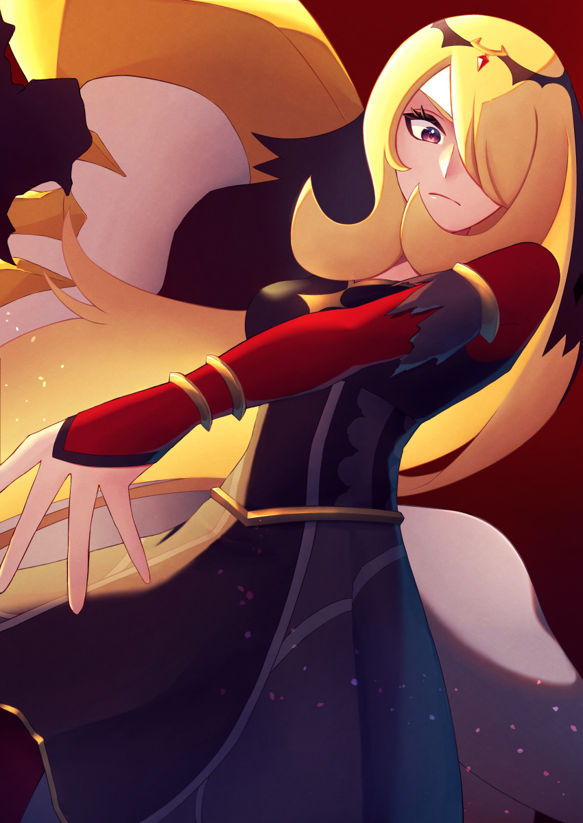 1girl, absurdres, armlet, black_dress, blonde_hair, breasts, closed_mouth, commentary_request