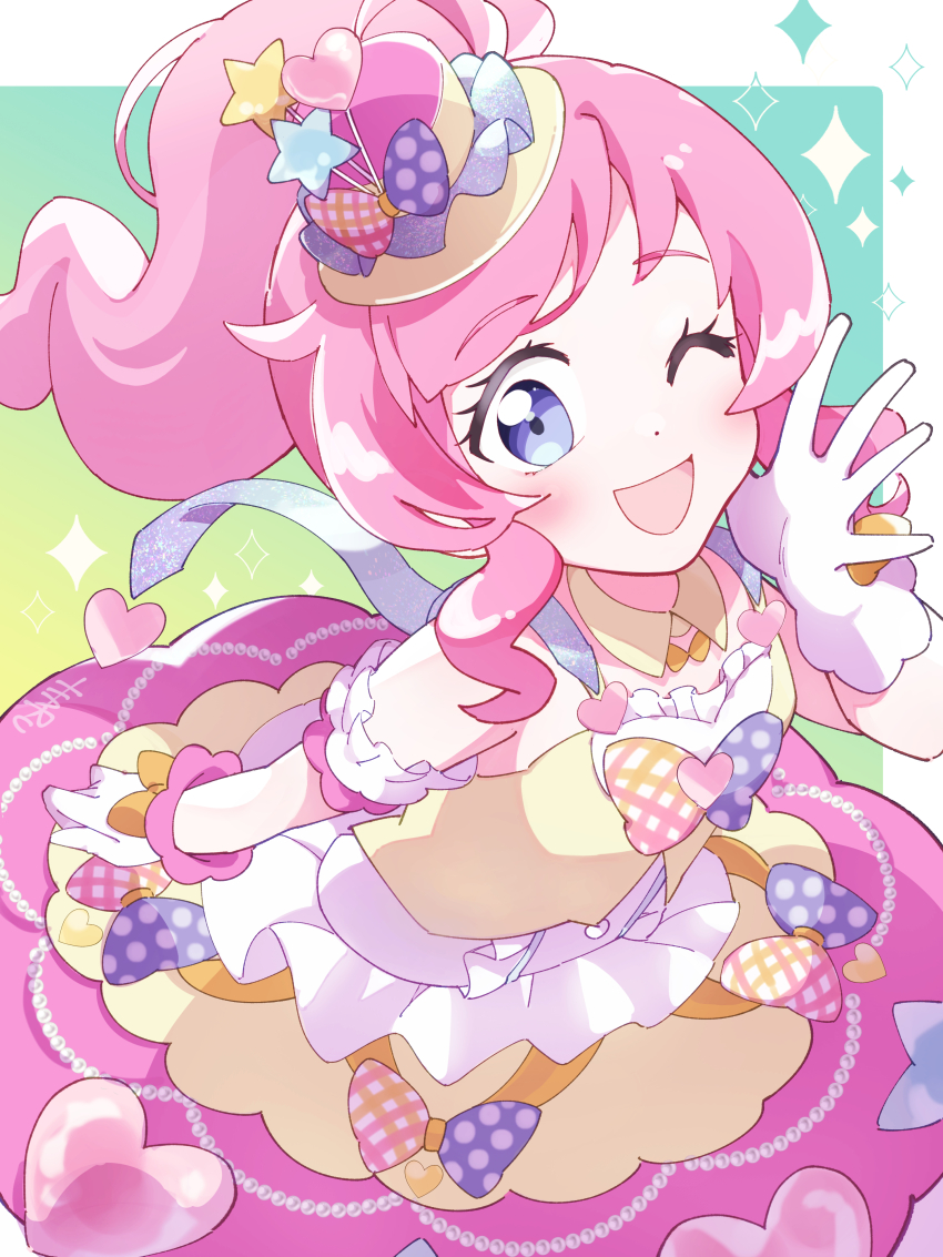 1girl, :d, absurdres, artist_name, blue_eyes, blush, bow, curly_sidelocks, detached_sleeves, dot_nose, dress, dress_bow, from_above, gloves, gradient_background, green_background, hand_up, haru_(haru1bc6c4), hat, highres, idol, kiratto_pri_chan, long_hair, looking_at_viewer, mini_hat, mini_top_hat, momoyama_mirai, one_eye_closed, open_mouth, pink_hair, ponytail, pretty_series, sidelocks, signature, sleeveless, sleeveless_dress, smile, solo, sparkle, spread_fingers, strapless, strapless_dress, top_hat, white_gloves, yellow_dress, yellow_hat