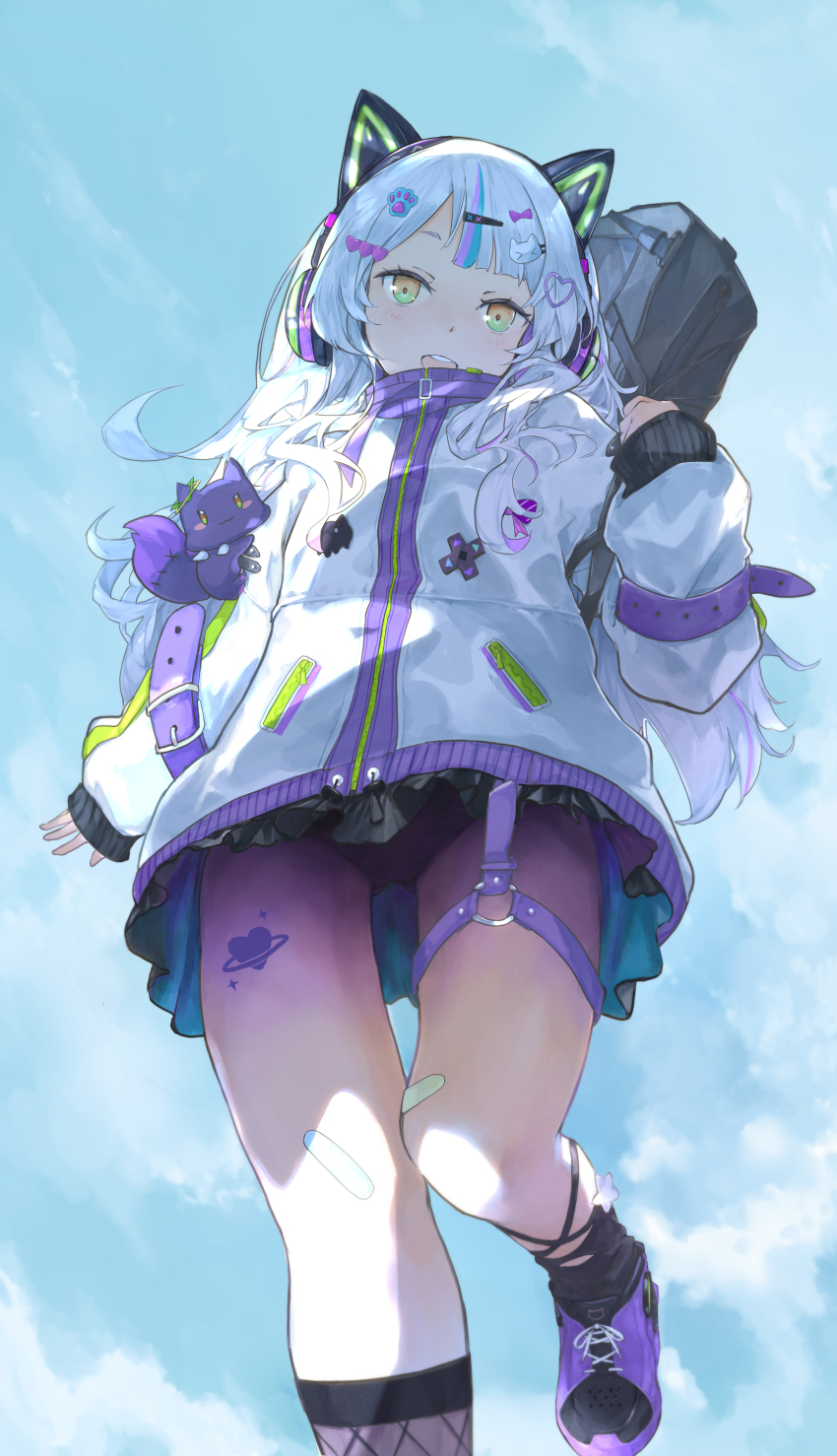 1girl, absurdres, animal_ear_headphones, animal_ears, bag, bandaid, bandaid_on_knee, bandaid_on_leg