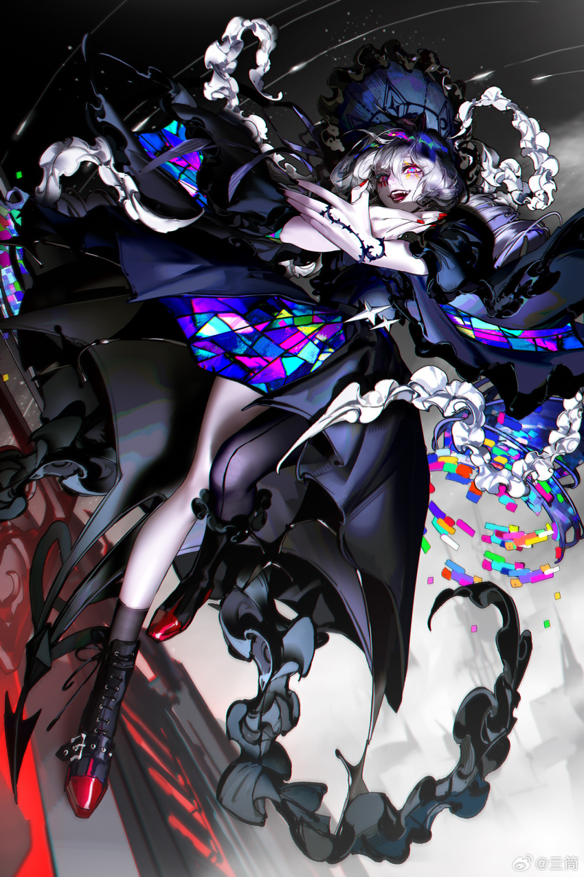 000_(path_to_nowhere), 1girl, asymmetrical_legwear, black_dress, dress, floating, highres, lipstick