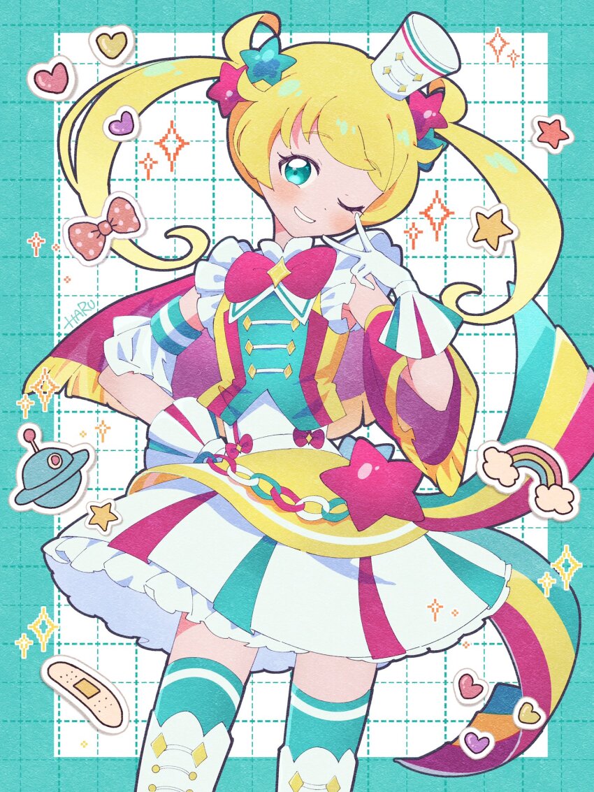 1girl, artist_name, bandaid, black_outline, blonde_hair, blue_background, blue_dress, blue_eyes