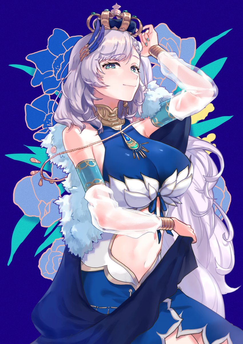1girl, absurdres, asterisk_(pmpalg_v), blue_background, breasts, clothing_cutout, crown, detached_sleeves