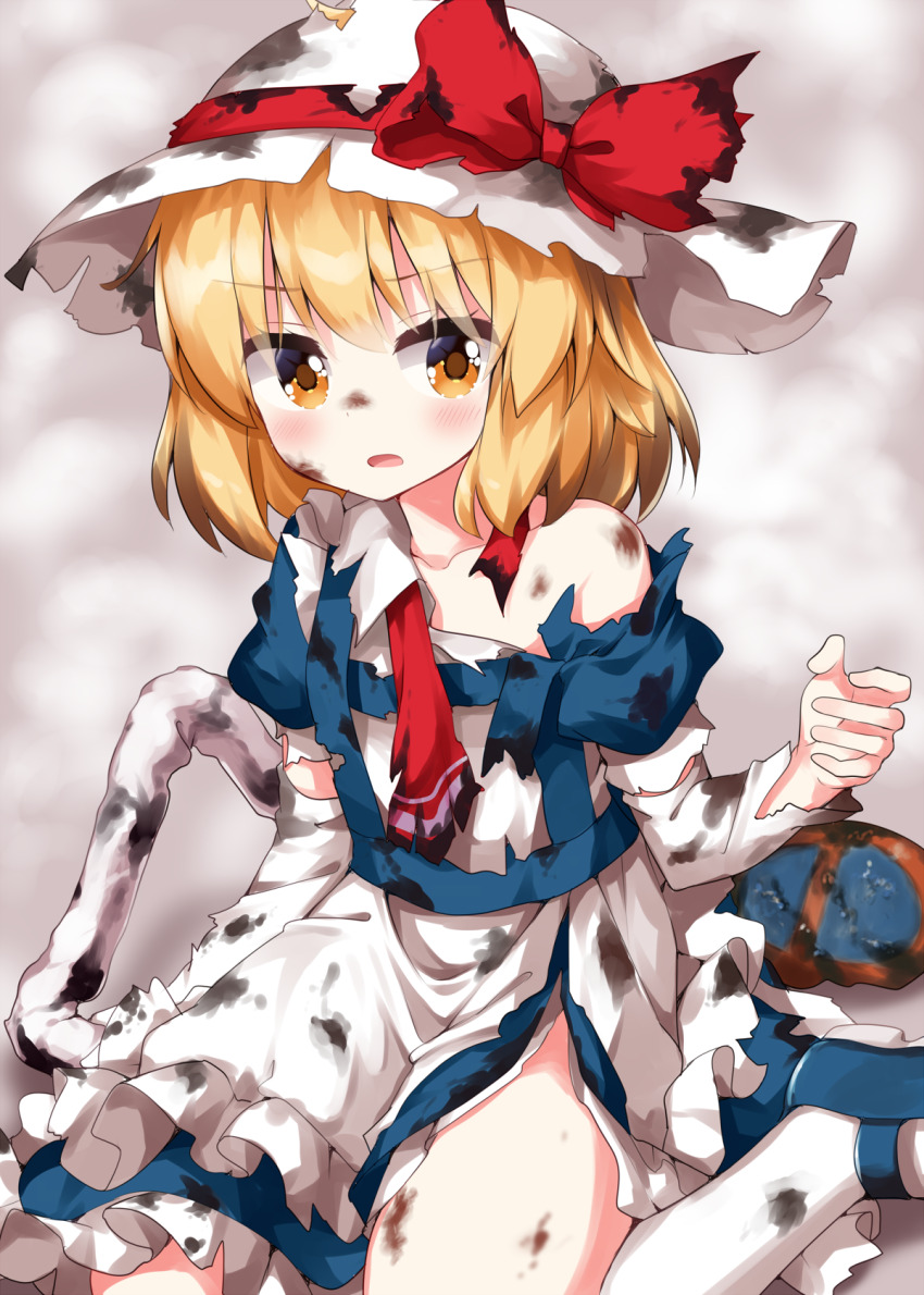 1girl, apron, bare_shoulders, blonde_hair, blue_dress, blue_shoes, bow, bowtie, collarbone, commentary_request, dress, elbow_gloves, gloves, hat, hat_bow, highres, kana_anaberal, mary_janes, medium_hair, parted_lips, red_bow, red_bowtie, ruu_(tksymkw), shoes, sitting, socks, solo, sun_hat, torn_apron, torn_bowtie, torn_clothes, torn_dress, torn_gloves, torn_hat, touhou, touhou_(pc-98), wariza, white_apron, white_hat, white_socks, yellow_eyes