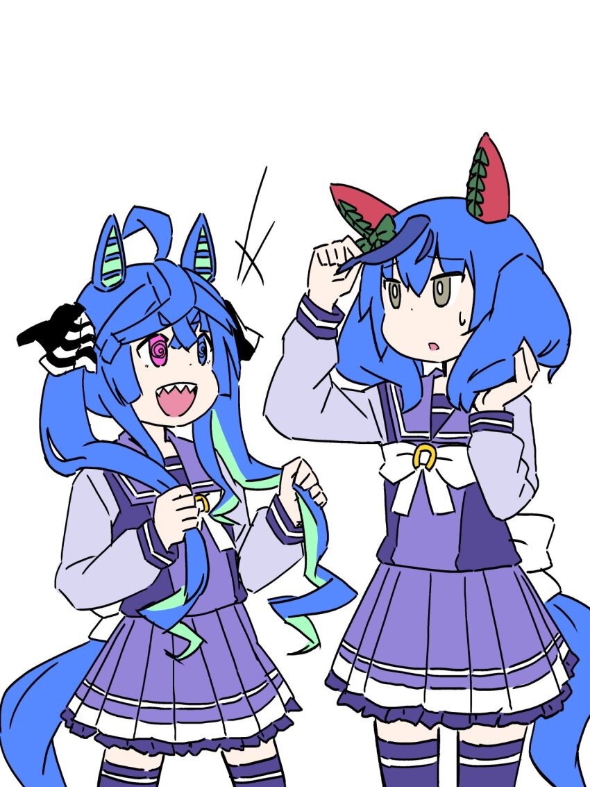 +++, 2girls, @_@, ahoge, alternate_hair_color, animal_ears, aqua_hair, blue_eyes