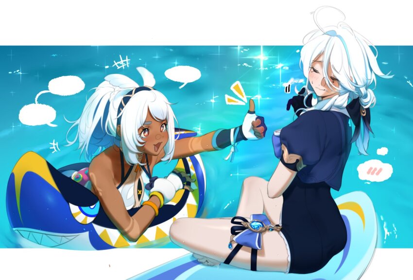 2girls, ahoge, alternate_skin_color, bikini, black_bow, blue_hair, blue_jacket, blue_one-piece_swimsuit