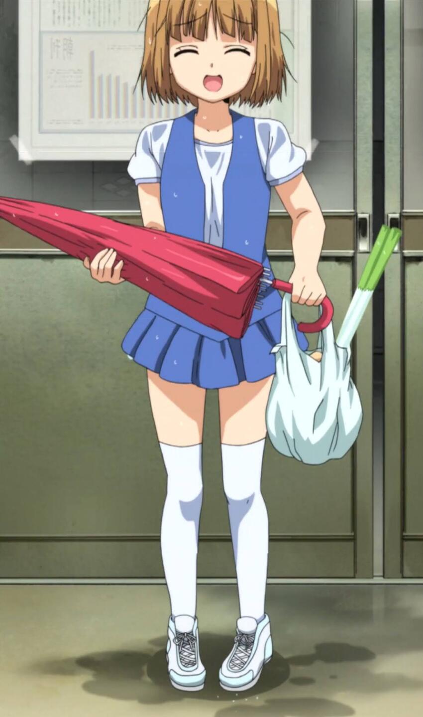 1girl, bag, brown_hair, closed_eyes, dot_nose, facing_viewer, female_focus, food, green_onion, highres, holding, holding_umbrella, indoors, kanamemo, messy_hair, nakamachi_kana, night, open_mouth, shoes, shopping_bag, short_hair, short_sleeves, solo, standing, stitched, thighhighs, third-party_edit, umbrella, wet, white_thighhighs