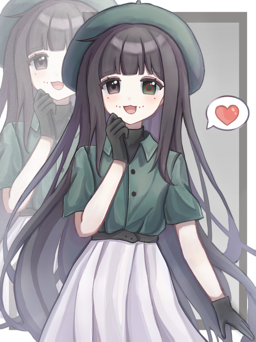 1girl, :3, belt, beret, black_belt, black_eyes, black_gloves, black_hair