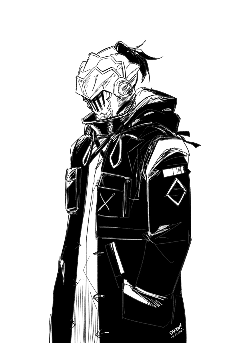 arknights, artist_name, broken_horns, coat, cosplay, dated, doctor_(arknights), fur_trim