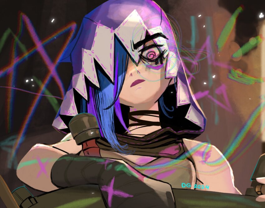 1girl, arcane:_league_of_legends, arcane_fractured_jinx, arcane_jinx, bare_shoulders, blue_hair, choker, crop_top, deanne_go, gloves, highres, hood, jinx_(league_of_legends), league_of_legends, long_hair, looking_at_viewer, multicolored_hair, solo, tattoo, weapon