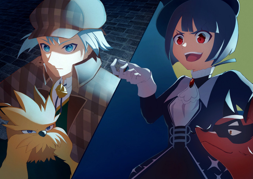 1boy, 1girl, absurdres, alternate_color, animal_ears, ascot, black_hair, blue_eyes