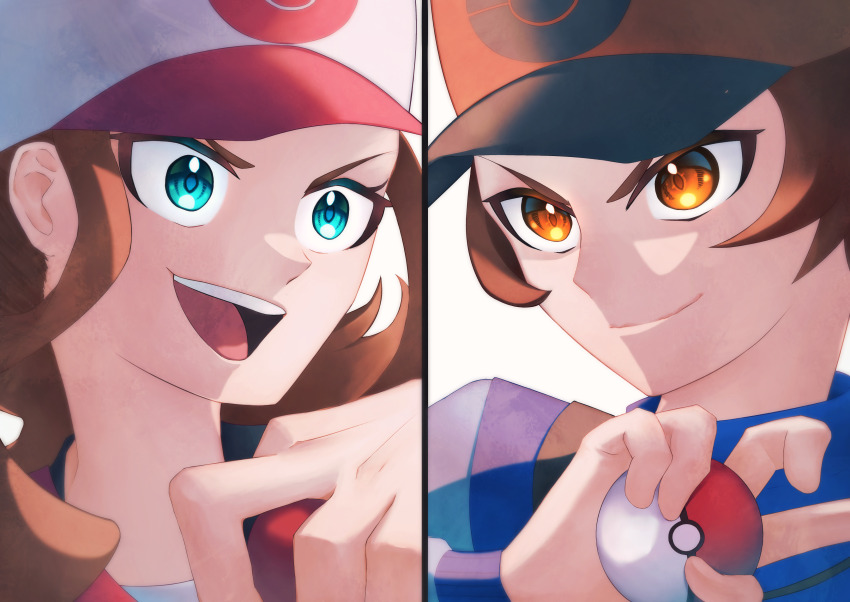 1boy, 1girl, absurdres, baseball_cap, blue_eyes, brown_eyes, brown_hair, commentary_request