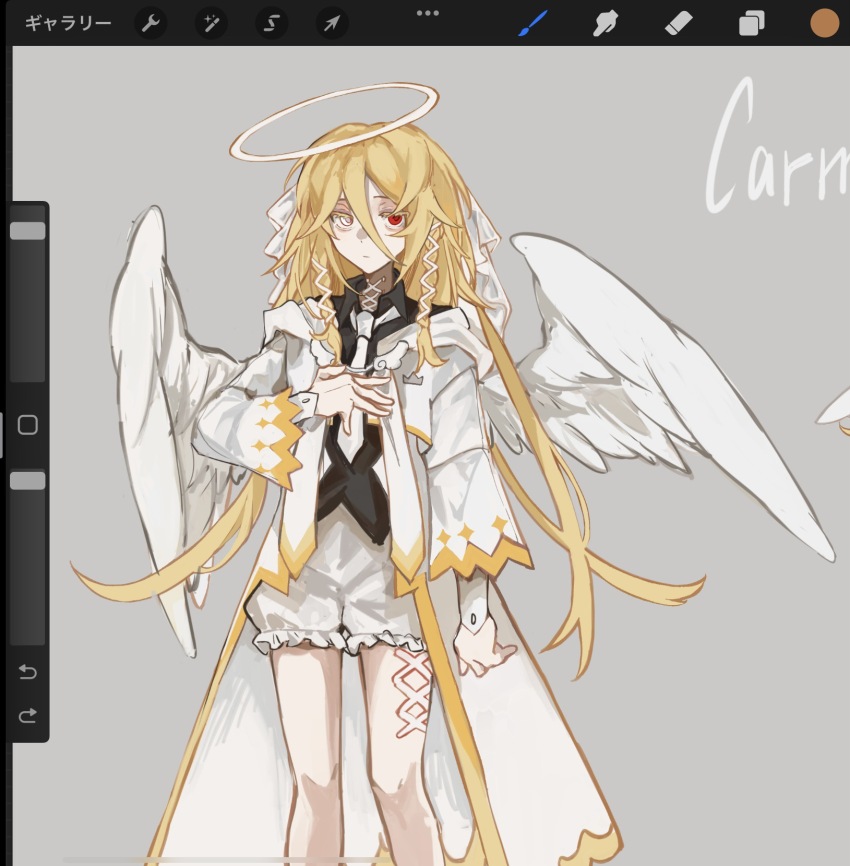1girl, androgynous, angel, angel_wings, art_program_in_frame, black_shirt, blonde_hair, call_of_cthulhu