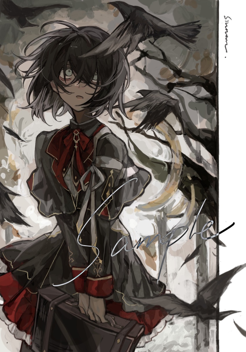 1girl, bag, bird, black_capelet, black_dress, black_hair, black_pantyhose, book