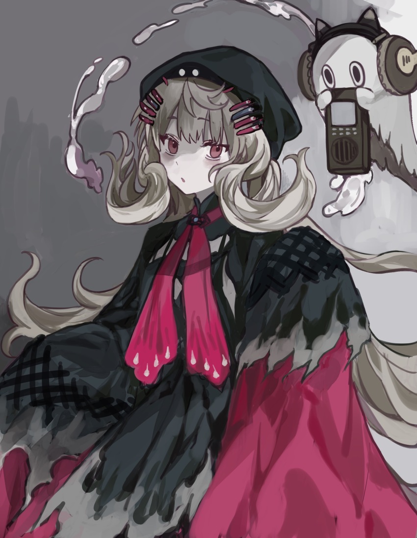 1girl, absurdres, black_dress, black_hat, cowboy_shot, dress, ectoplasm, grey_hair